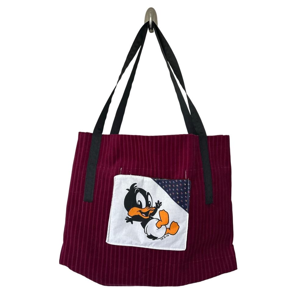 Handmade Vintage Daffy Duck Corduroy Tote Bag Pink Floral XL Cottagecore 90s Y2K